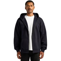 A navy zip-up hoodie is worn by a model, featuring a front zipper and a hood. The hoodie includes a logo.
