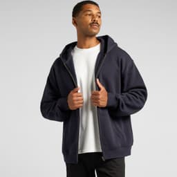 A navy zip-up hoodie featuring a front pocket and a contrasting white T-shirt underneath.