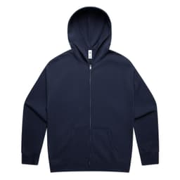 A navy zip-up hoodie with a kangaroo pocket and a hood. It features a small logo on the label inside.