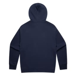 A navy blue hoodie featuring a hood and long sleeves, with a plain back and a branded logo.