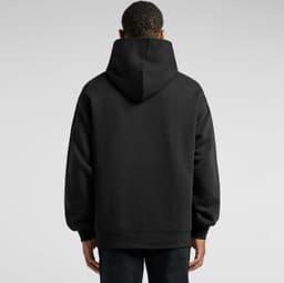 A black hooded jumper with a relaxed fit, featuring a hood and long sleeves, seen from the back.