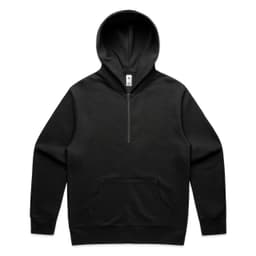 A black half-zip hoodie featuring a front pocket and a hood. It has a logo on the label.