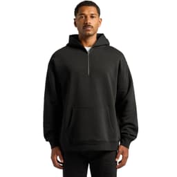 A black half zip hoodie with a front pocket and a drawstring hood, featuring a logo on the chest.