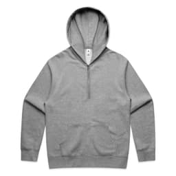 A grey half zip hoodie featuring a front pocket and a hood, with a logo on the label.
