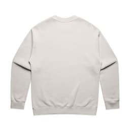 A plain grey crew jumper with long sleeves and a rounded neckline, featuring a logo on the back.