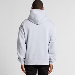 A light blue hoodie with a large hood, featuring a logo, viewed from the back.