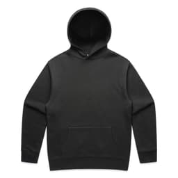 A black hooded jumper featuring a front pocket and a logo. Suitable for casual wear.