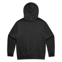 A black hoodie featuring a simple design and a front pocket, with a logo on the garment.