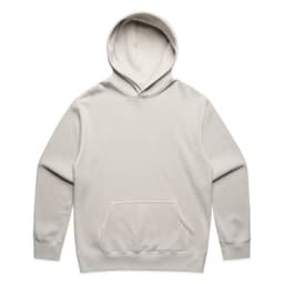 A light grey hoodie featuring a front pocket and a drawstring hood. Includes a logo on the front.