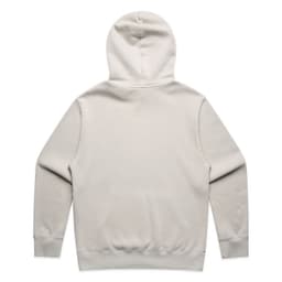 A faded grey hoodie with a large hood and long sleeves, featuring a minimalist design and a logo.