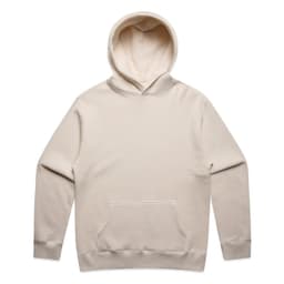 A beige hoodie with a front pocket and a drawstring hood. It features a logo on a sleeve.