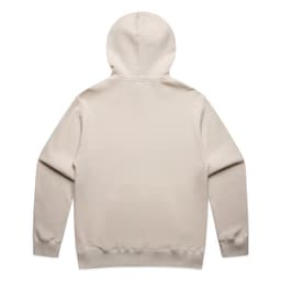 A beige hoodie featuring a hood and long sleeves. It has a plain back design and includes a logo.