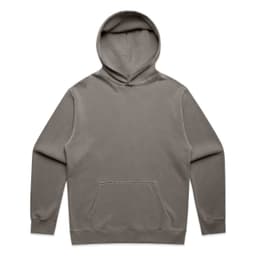 A faded green hoodie with a front pocket and a drawstring hood. It features a logo on the front.