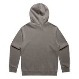 A faded olive green hoodie with a kangaroo pocket and a hood, featuring a logo. The back view is shown.
