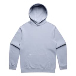 A light blue hoodie with a front pocket and a hood, featuring a logo on the front.