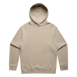 A beige hoodie with a front pocket and a hood, featuring a logo on the design.