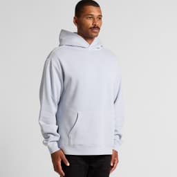 A light blue hoodie with a front pocket and a hood, featuring a logo on the chest.