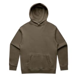 A faded olive green hoodie with a front pocket and an attached hood, featuring a logo on the design.