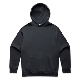 A black hoodie featuring a front pouch pocket and a hood. It has a simple design and includes a logo.