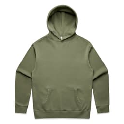 An olive green hoodie featuring a front pocket and a hood, with a branding logo on the label.