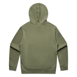 A green hoodie featuring a full hood, shown from the back. It includes a logo on the garment.