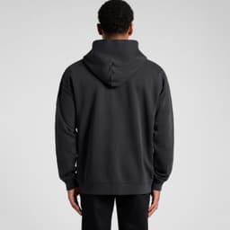 A black zip-up hoodie featuring a hood, displayed from the back, with a simple design and a logo.