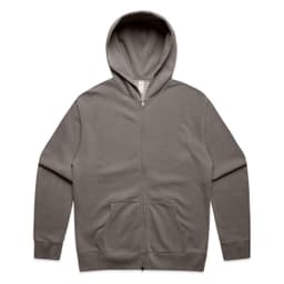 A zip-up hoodie in a faded olive green colour with a kangaroo pocket and a hood. It features a logo.