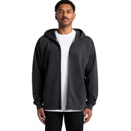 A casual black zip-up hoodie with a hood, featuring a relaxed fit and front pockets.