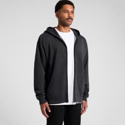 A black zip-up hoodie with a relaxed fit, featuring a hood and front pockets, worn over a white T-shirt.