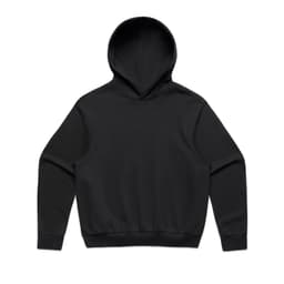A black jumper featuring a hood and long sleeves, with a fitted waistband and cuffs. It has a logo.