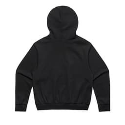 A black jumper featuring a hood and a fitted waistband at the bottom, with a plain back design.