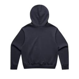 A black jumper with a hood, featuring a plain back design and long sleeves. It includes a branding logo.