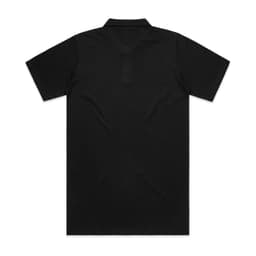 A black polo shirt featuring short sleeves and a collar, with a logo on the back.