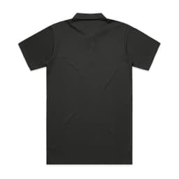 A black polo shirt featuring a collar and short sleeves, with a plain back and a logo.