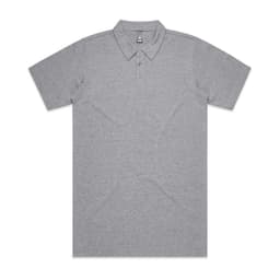 A grey polo shirt with a collar, featuring three buttons and a logo on the chest.