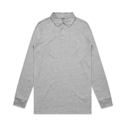 A long-sleeve grey polo shirt featuring a collar and a branded logo.
