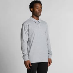A long-sleeve grey polo shirt with a collar and buttons, featuring a logo on the chest.