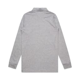 A long-sleeve polo shirt in grey with a collar and cuffs, featuring a logo on the side.