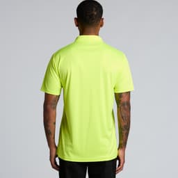 A bright yellow polo shirt featuring a collar and short sleeves, shown from the back. It includes a logo.