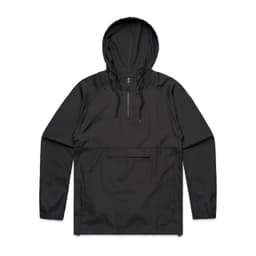 A black windbreaker jacket with a hood and a front pocket. It features a logo on the chest.