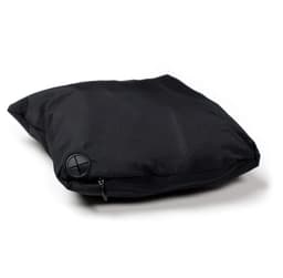 A black Cyrus Windbreaker folded and zipped for easy storage, featuring a logo on one side.