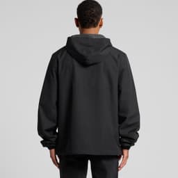A black Tech Windbreaker jacket featuring a hood and a relaxed fit, showcasing a simple design from the back.