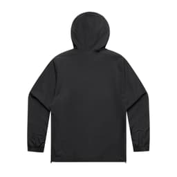 A black windbreaker jacket with a hood and elastic cuffs, featuring a plain design and a logo.