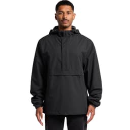 A black windbreaker jacket with a hood, featuring a front pouch pocket and a logo on the chest.