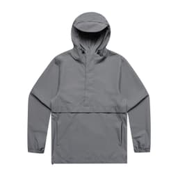 A grey Tech Windbreaker jacket featuring a hood and front pocket, with a logo on the chest.