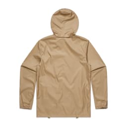 A beige rain jacket with a hood, featuring a simple design and elasticated cuffs. It includes a logo on the fabric.