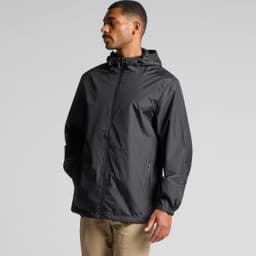 A black rain jacket with a hood and zippered front, featuring a logo on the sleeve.