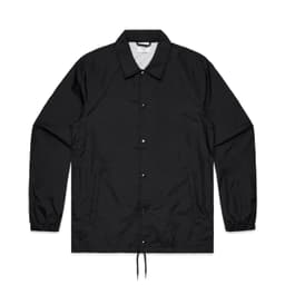 A black coach jacket with a collared neck, snap buttons, and elasticised cuffs. It features a logo on the front.