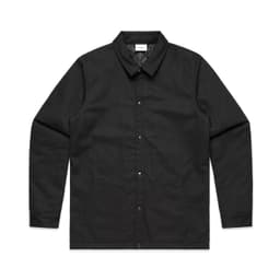 A work jacket in black featuring a front button closure and two side pockets. It has a logo on the chest area.