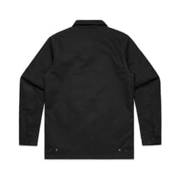 A black work jacket with a collared neck and long sleeves, featuring button details at the cuffs.